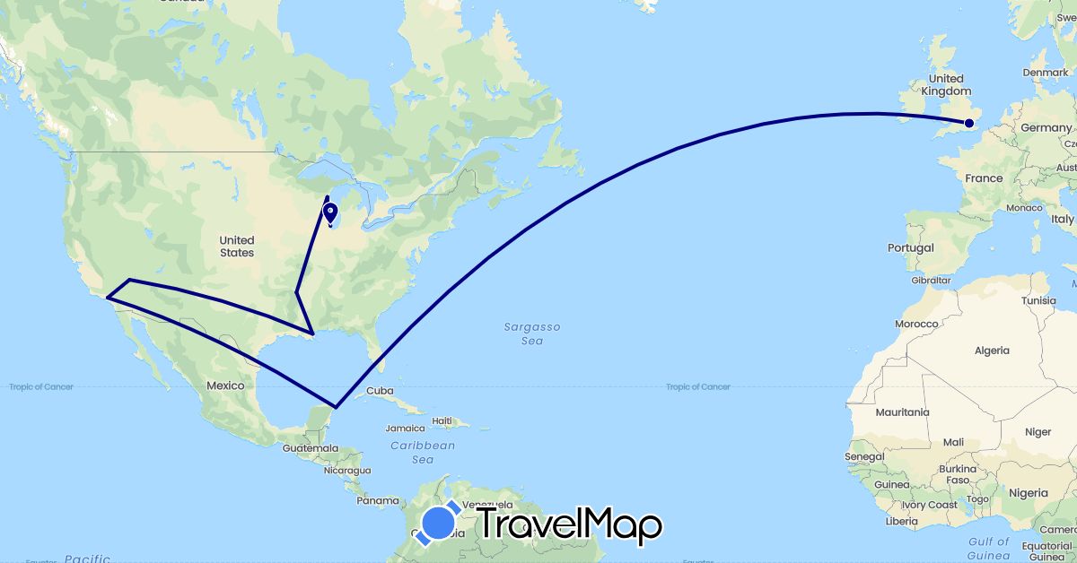 TravelMap itinerary: driving in United Kingdom, Mexico, United States (Europe, North America)