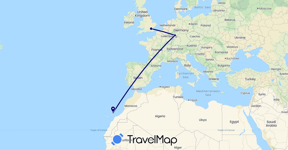 TravelMap itinerary: driving in Germany, Spain, United Kingdom (Europe)